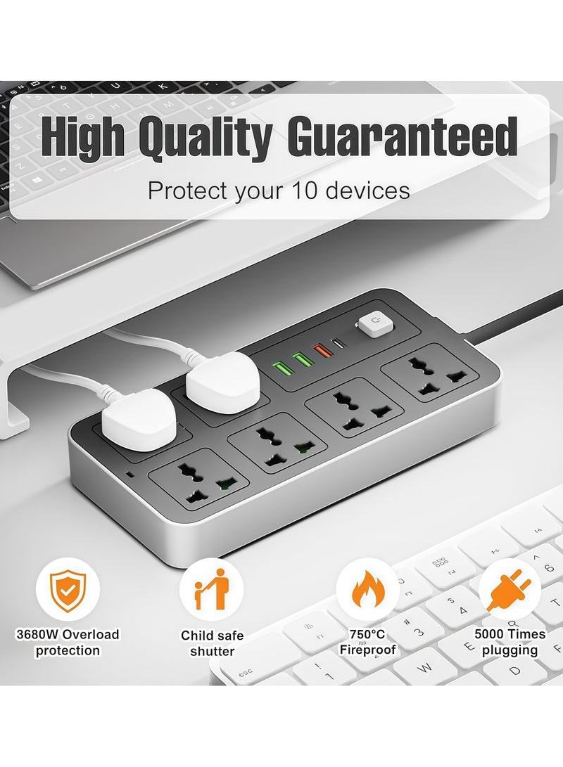 Lesha Universal Extension Lead with Multiple Function, UK 3 Pin Socket Outlet with 6 Gang | 3 USB Ports | 1 Type-C Port), Power Extension Cable, 2M Electric Socket Mains Strip for Home,Kitchen,and Office - Image 5